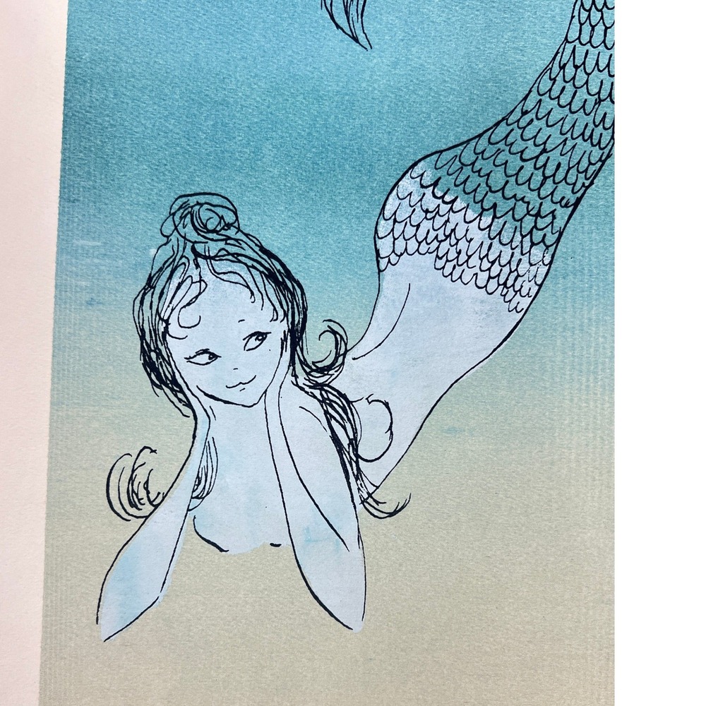 Mermaid Woodblock Print Mermaid‎ Art Unsigned 17"x8" - Picture 4 of 10